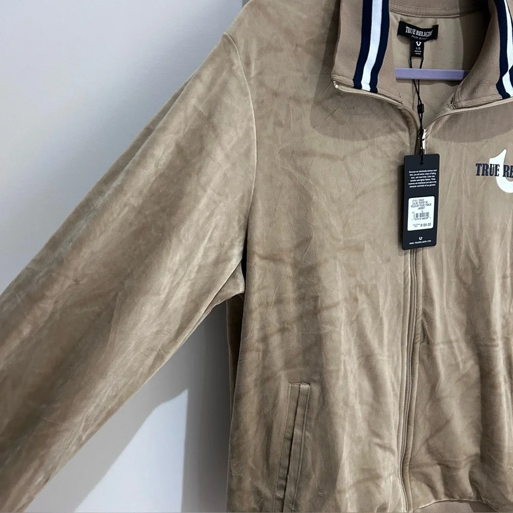 True Religion Tour Velour Track Jacket Men's L Tan Travertine Full Zip NWT